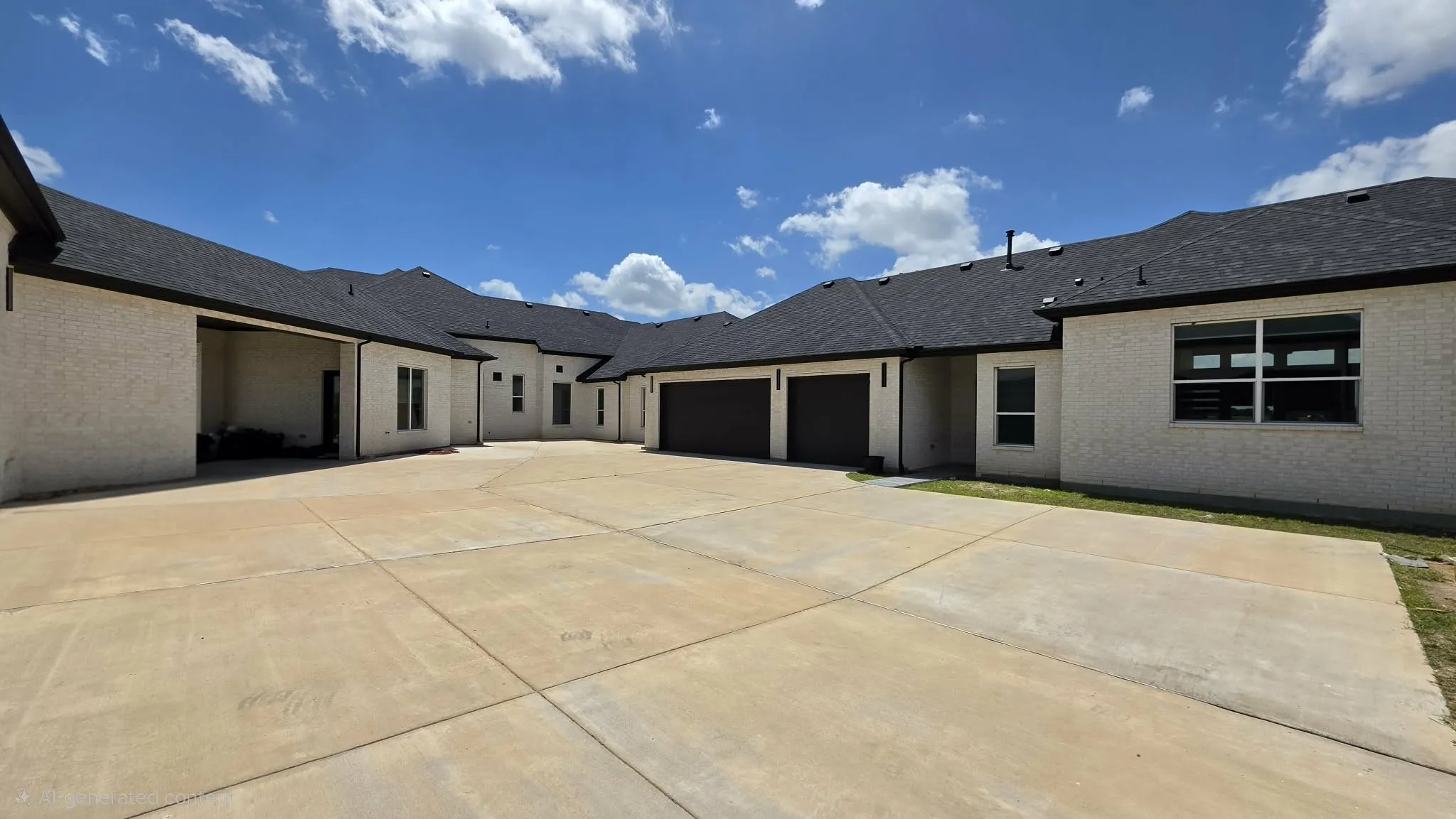 Expansive concrete driveway, attached two-car garage with dark doors, additional single-car garage, covered carport, and light-colored brick exterior