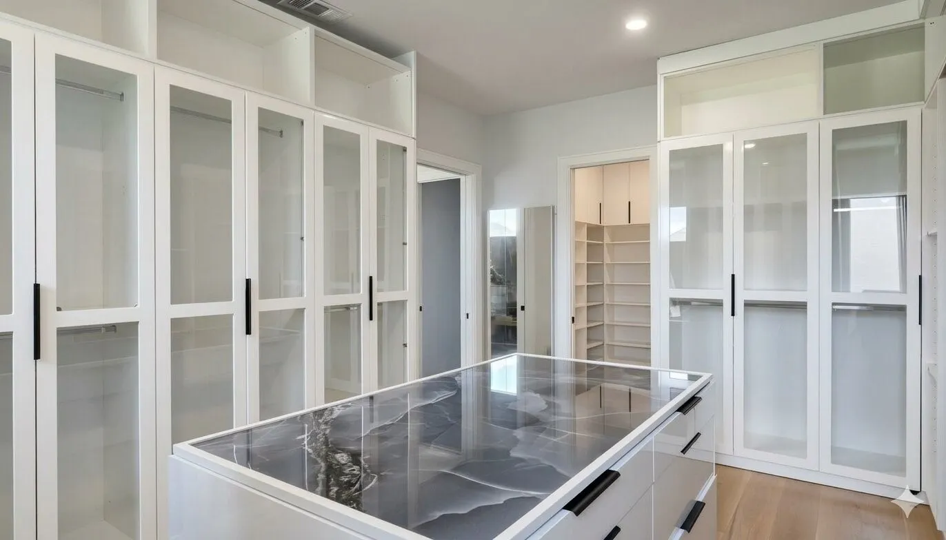 Custom closet with glass-front cabinetry, an island with a polished countertop, wood-finish flooring, and recessed lighting