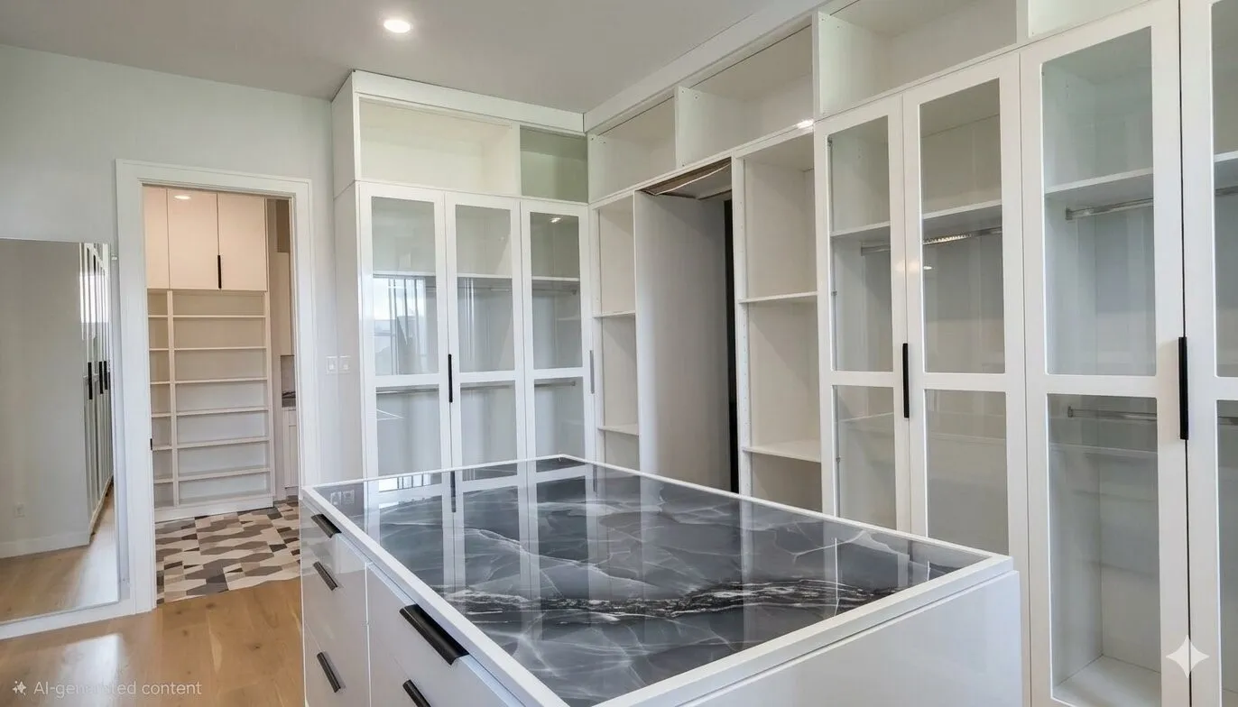 Built-in cabinetry with glass-front doors, central island with a stone-finish countertop, recessed lighting, and wood-finish flooring