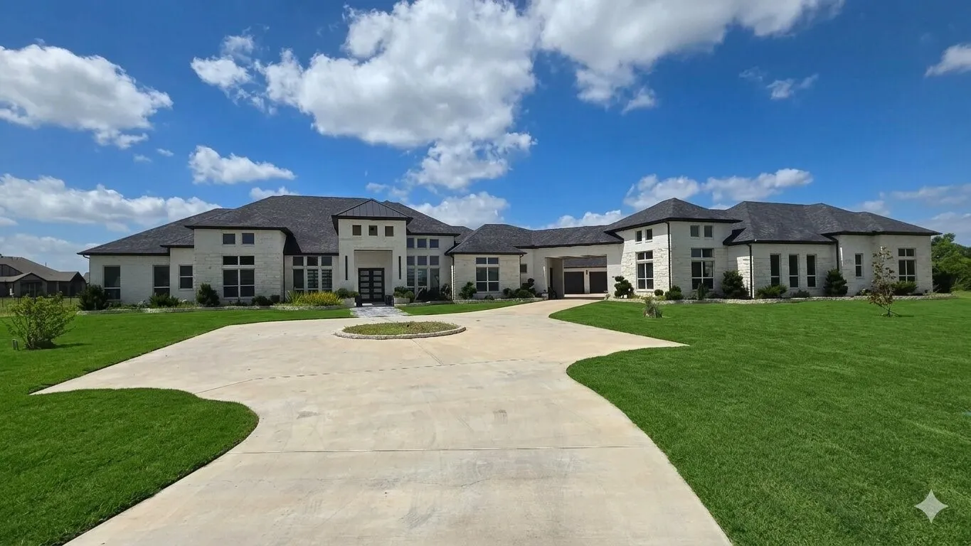 Expansive concrete driveway, white brick exterior, dark roof, multiple large windows, and a manicured lawn