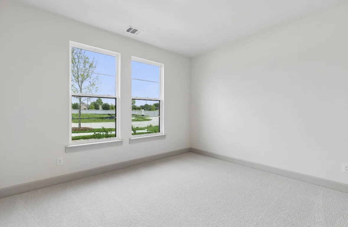 Dual windows, light gray wall paint, light gray carpet, gray baseboards