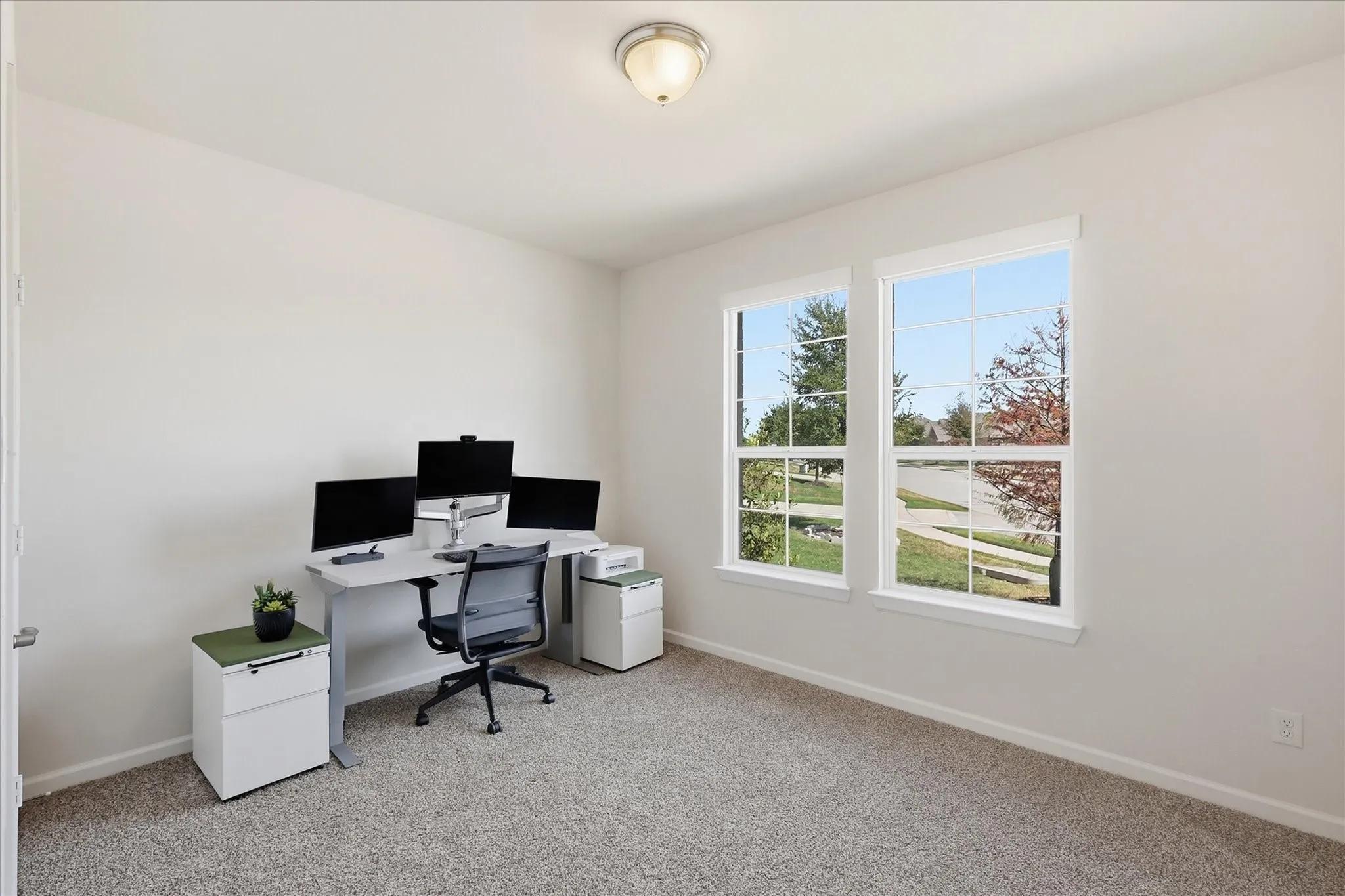 Carpeted room featuring dual windows with white trim, a flush-mount ceiling light fixture, and a neutral wall color