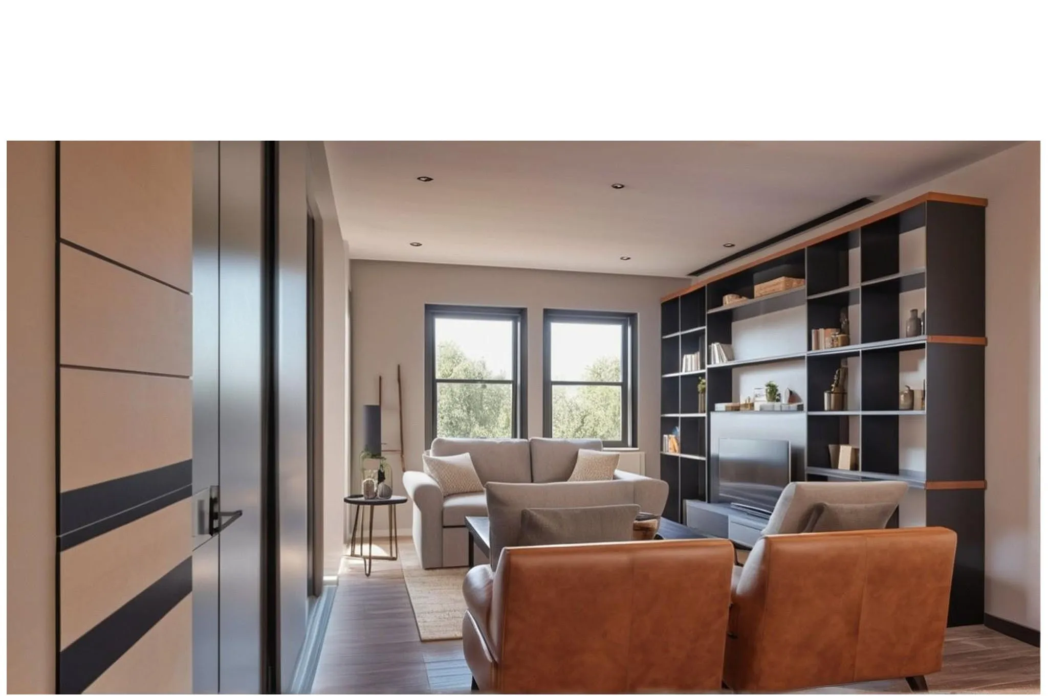 Spacious room featuring wood-finish flooring, recessed lighting, and dual pane windows