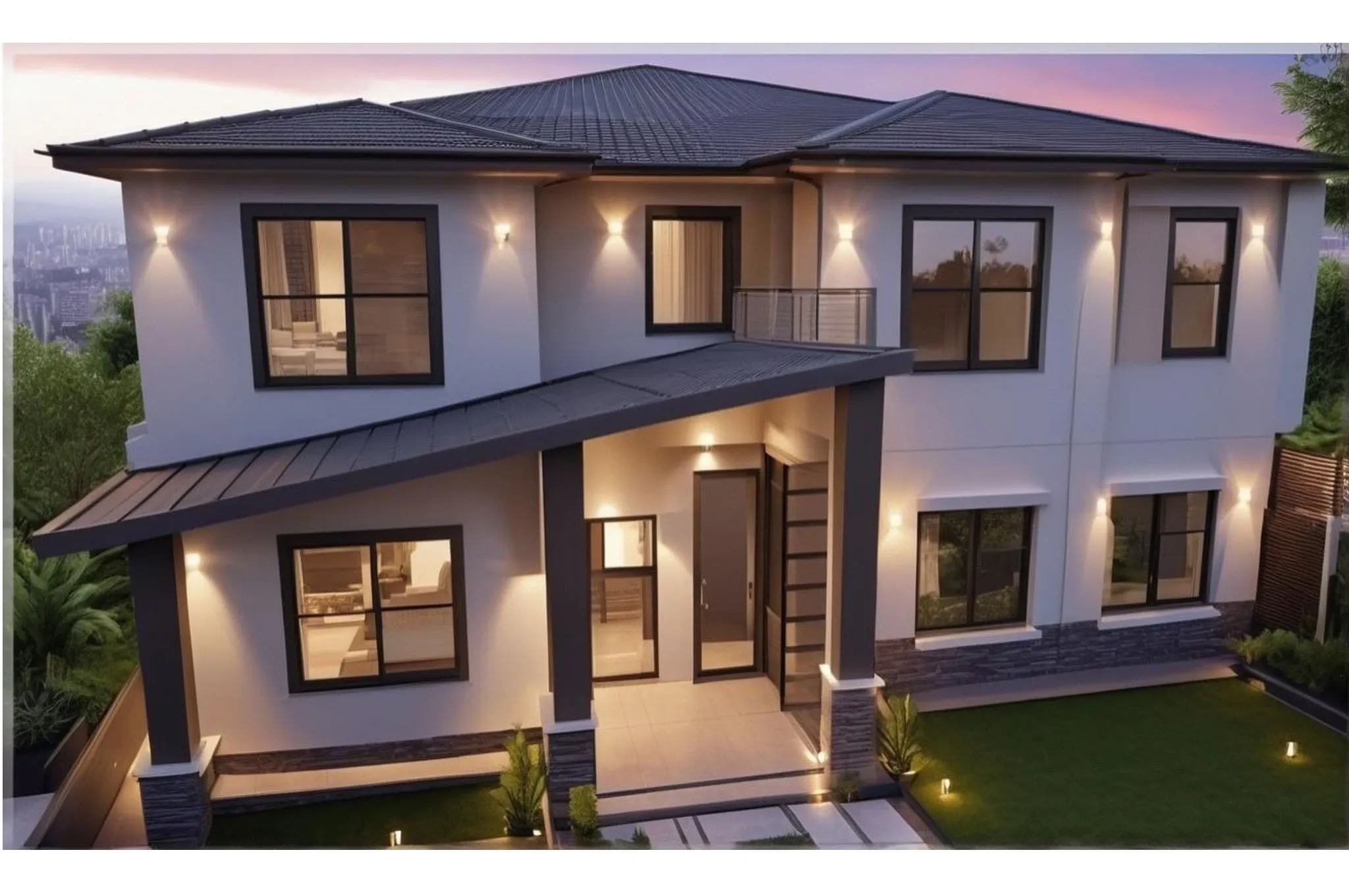 Modern exterior with a dark-pitched roof, abundant window installations, stone veneer accents, and a covered entry