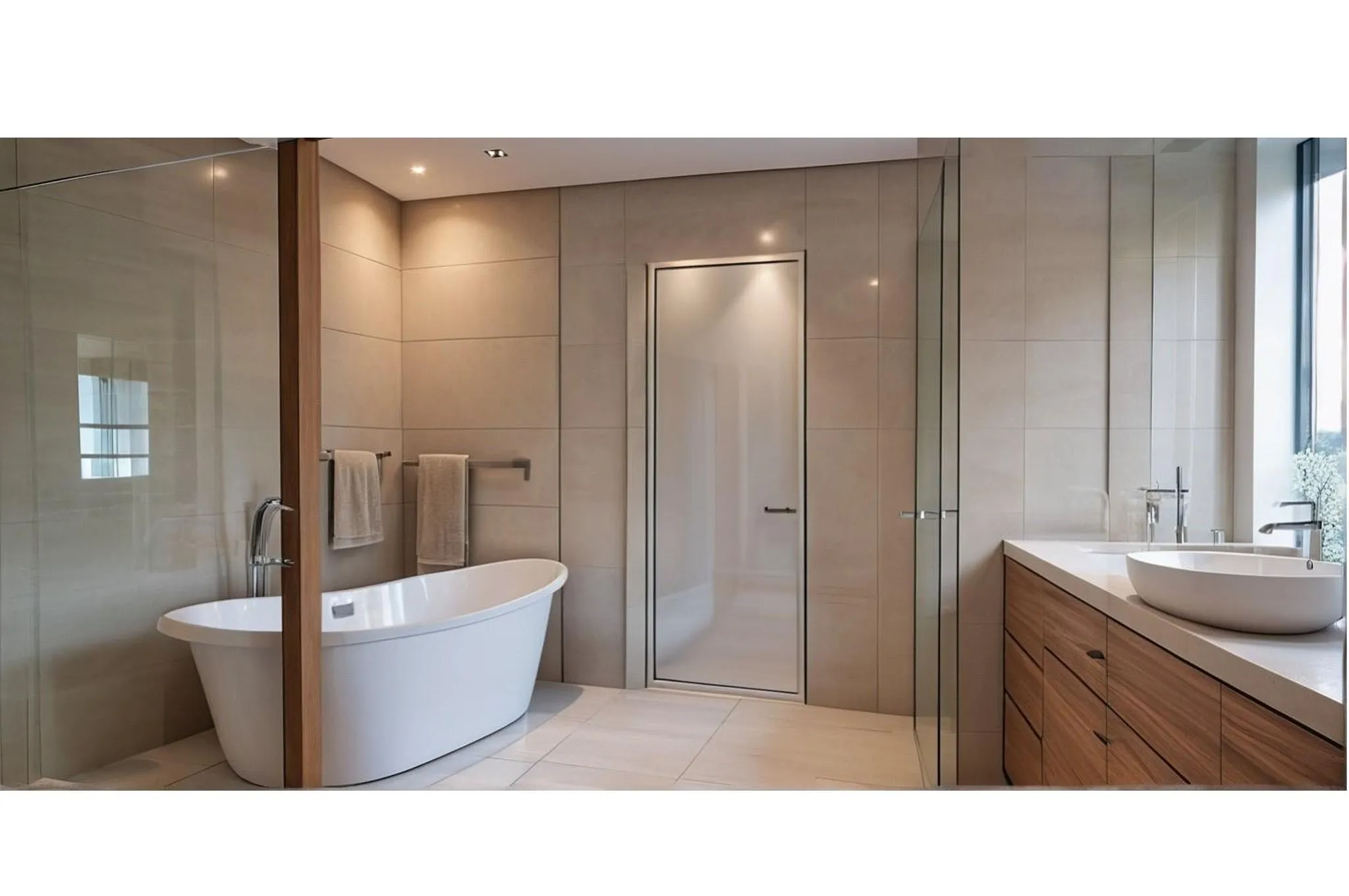 Freestanding soaking tub, wood-finish vanity with dual vessel sinks, glass-enclosed shower, large format wall tiling, and recessed lighting