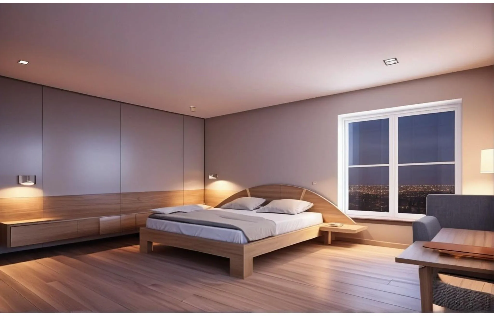 Wood-finish flooring, recessed ceiling lighting, built-in wooden wall paneling with integrated storage, and a large window