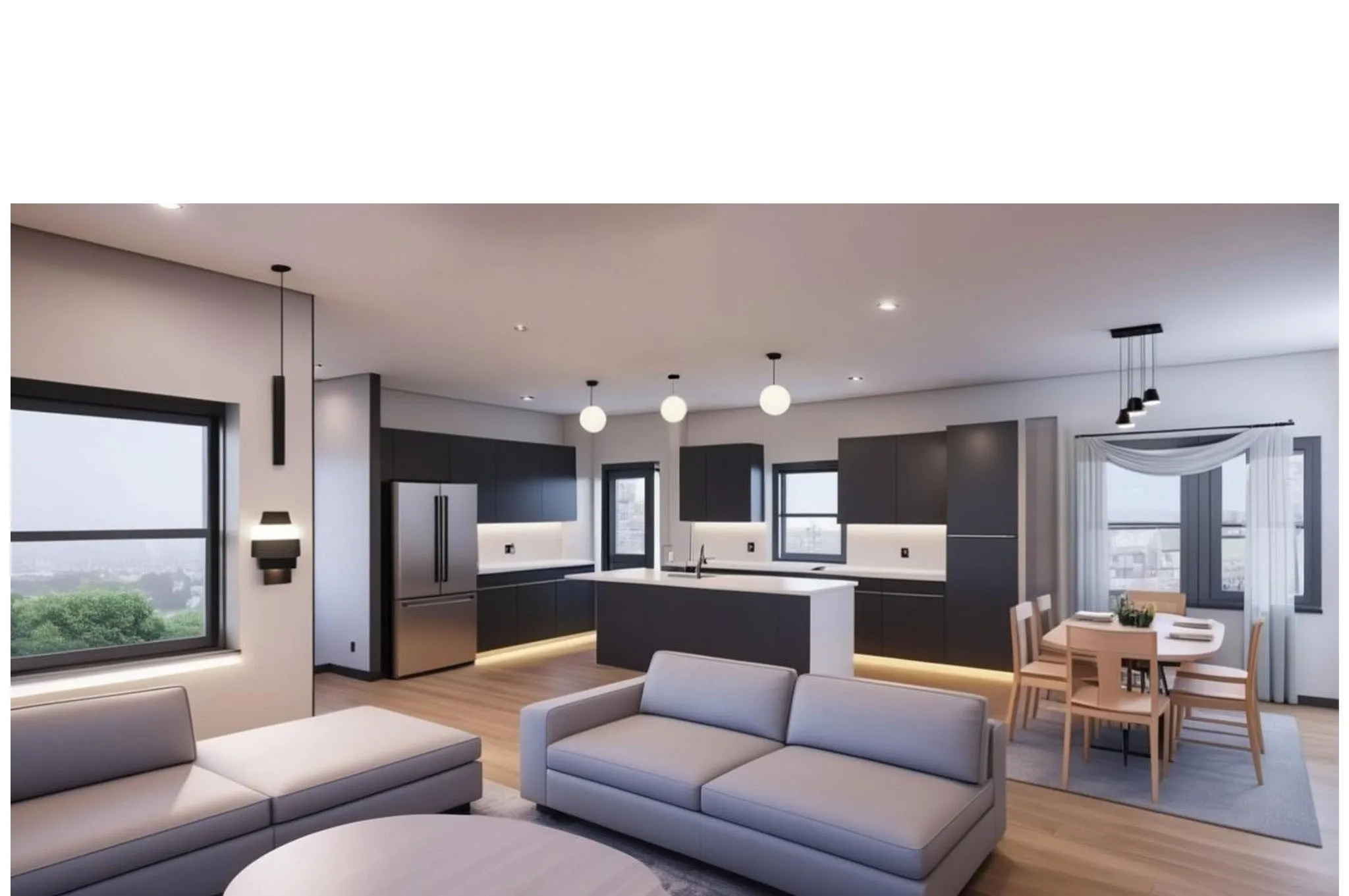Open-concept living space with wood-finish flooring, recessed lighting, and large windows