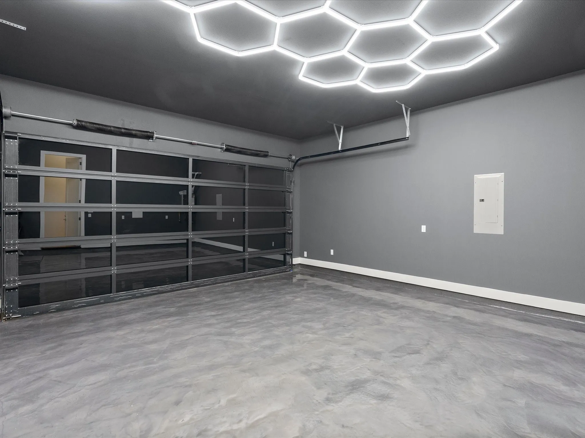 Hexagonal ceiling lighting fixtures,  and epoxy flooring