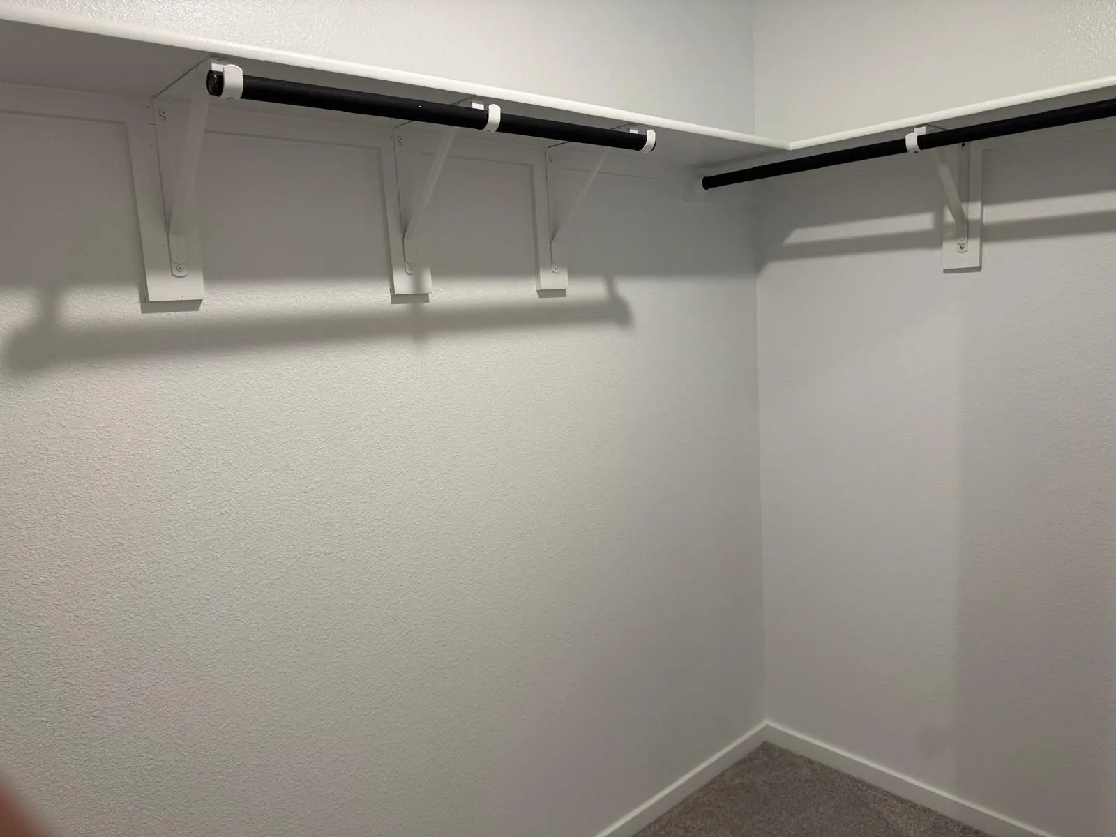 Spacious closet with dark colored carpet