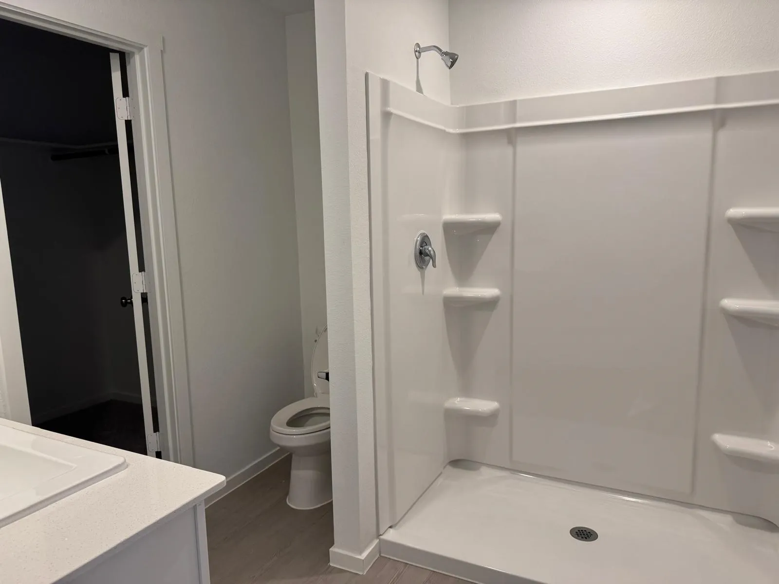 Bathroom featuring vanity, wood finished floors, a stall shower, and a walk in closet