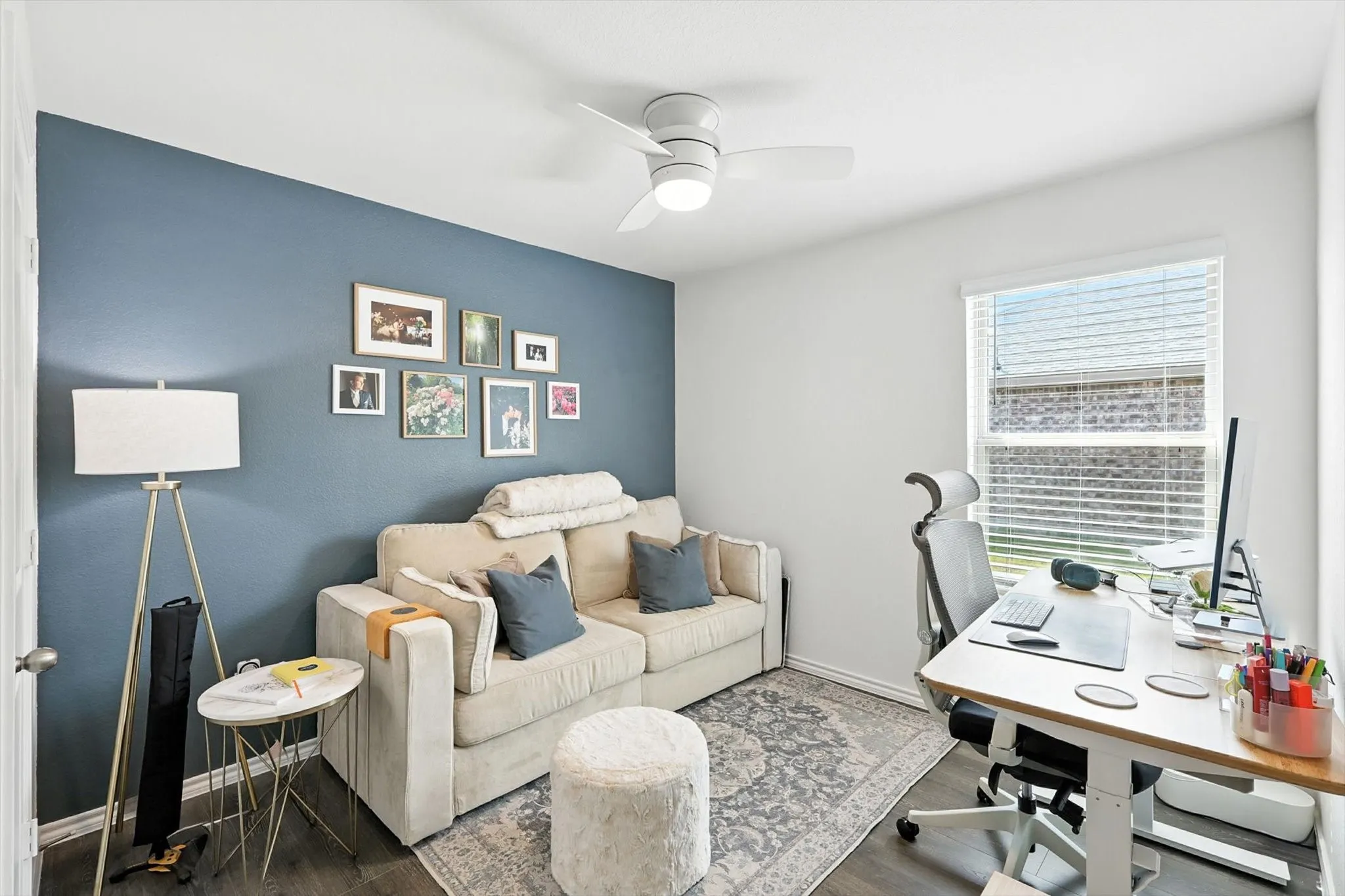 Recessed lighting, ceiling fan, wood-finish flooring, accent wall, window with blinds
