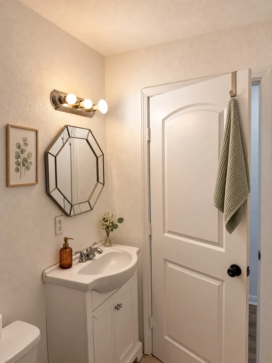 White vanity with an integrated sink, polished chrome faucet, and storage cabinet