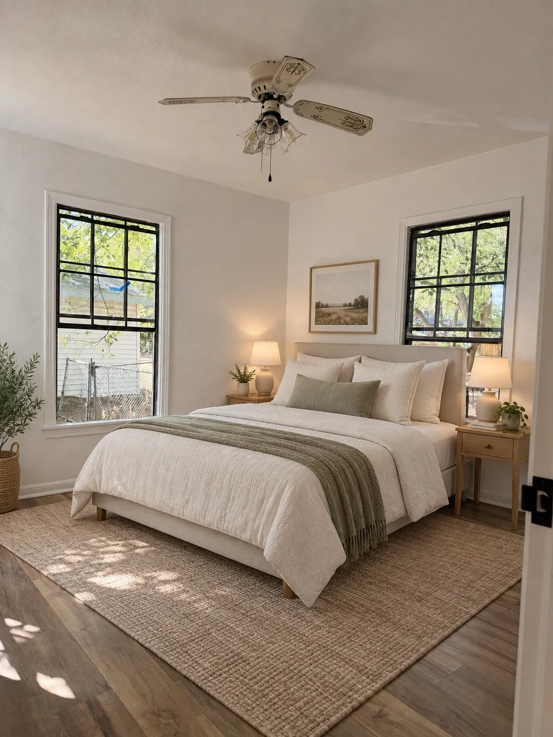 Wood-finish flooring with a natural fiber area rug