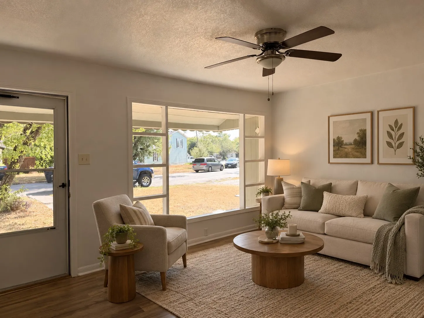 Wood-finish flooring, ceiling fan with integrated lighting, expansive front window, and a white entry door