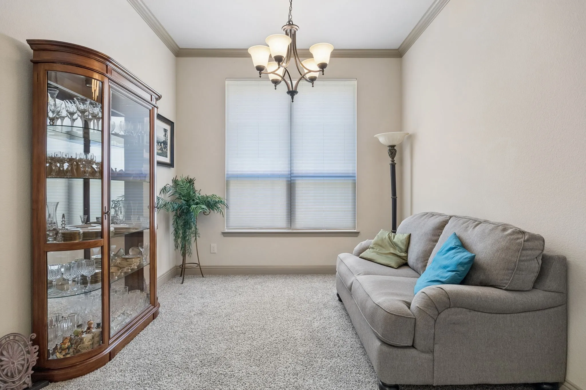 Recessed window with privacy blinds, plush carpet flooring, crown molding, and a built-in light fixture