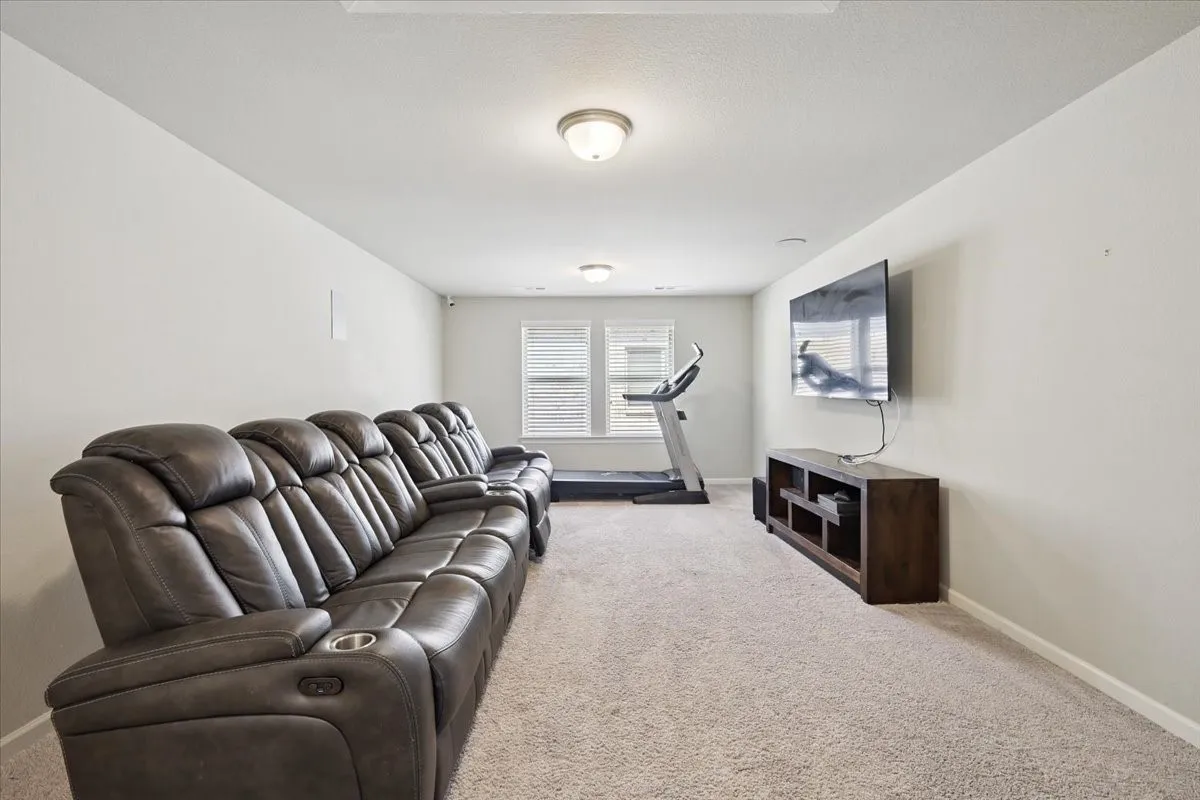 Mediacvroom with light colored carpet and baseboards