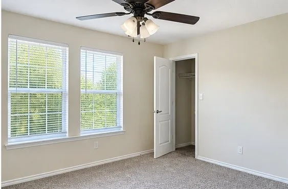 Carpeted room featuring dual windows with blinds, a ceiling fan with integrated lighting, and a closet with a bi-fold door