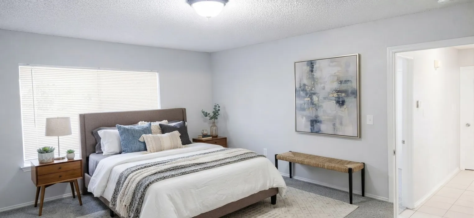 Textured ceiling with a flush-mount light fixture