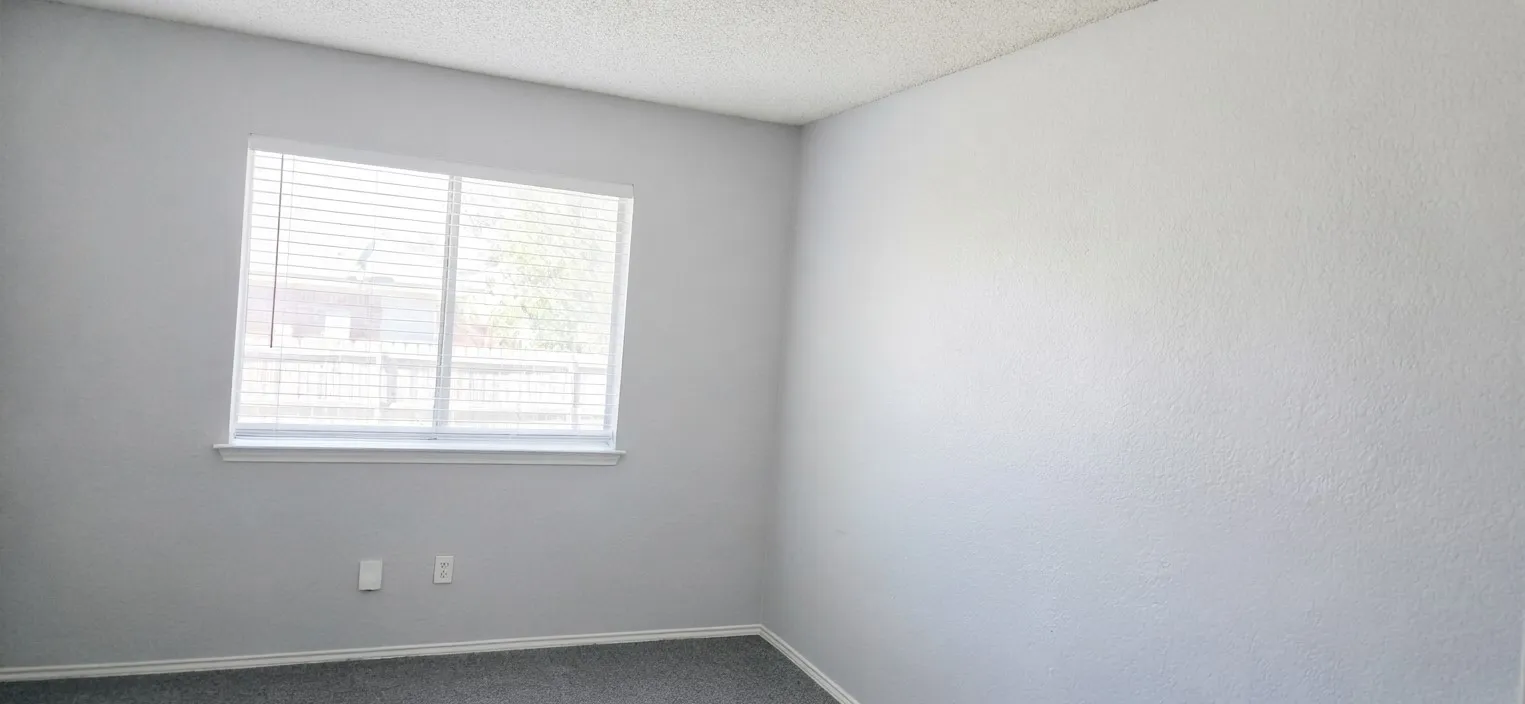 Room featuring a window with horizontal blinds, light-toned walls, and carpet flooring
