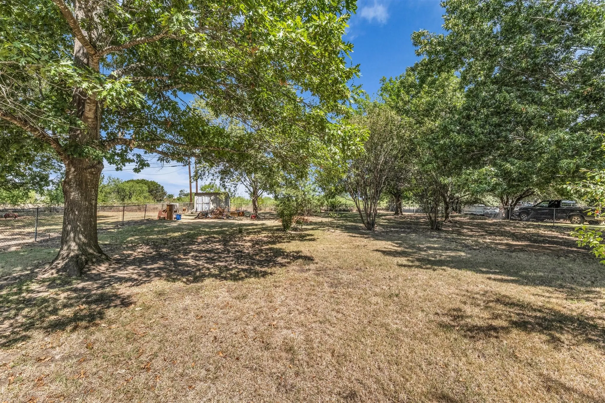 Expansive grounds featuring mature trees and a metal outbuilding