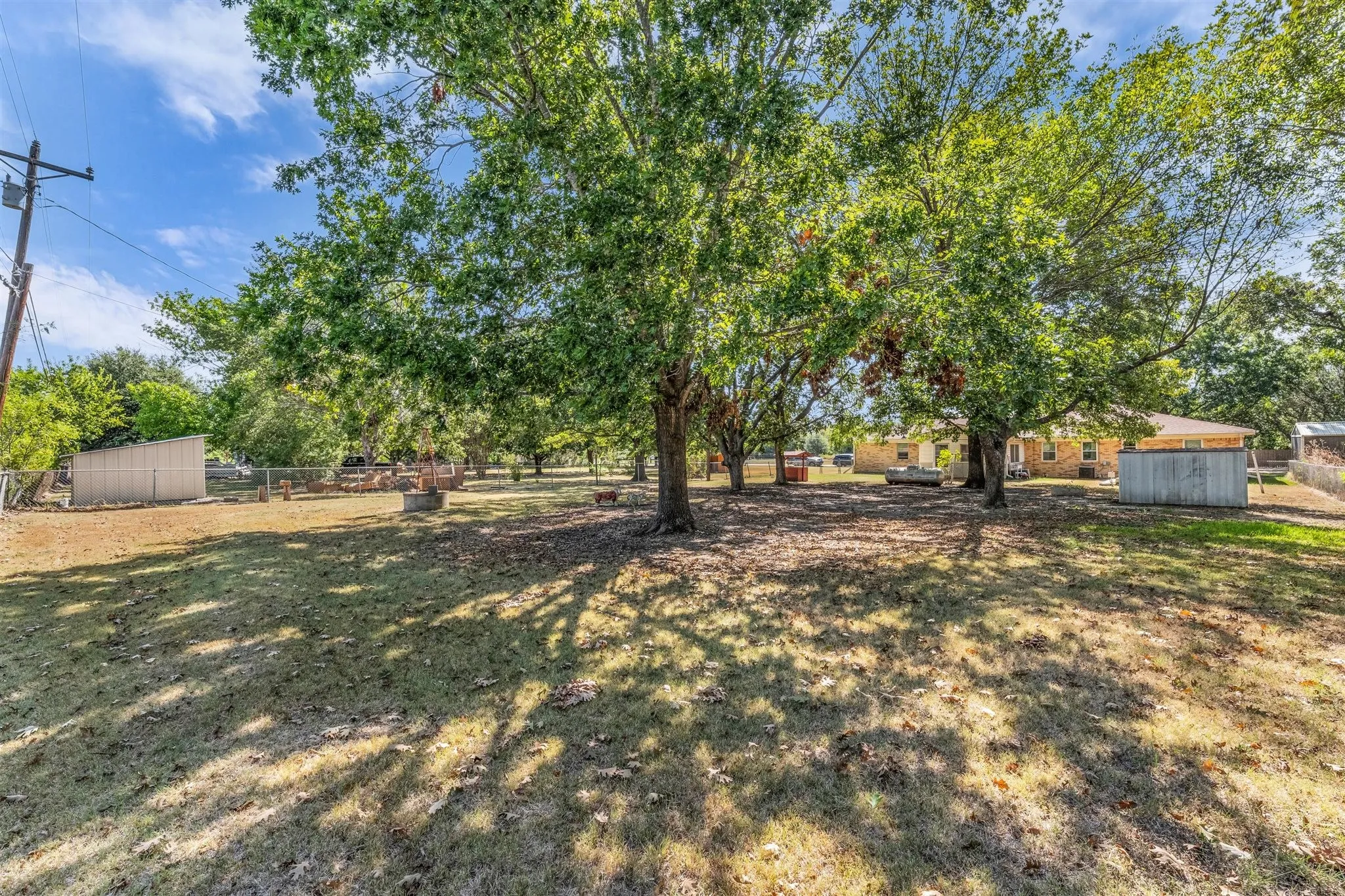 Expansive fenced yard with mature trees