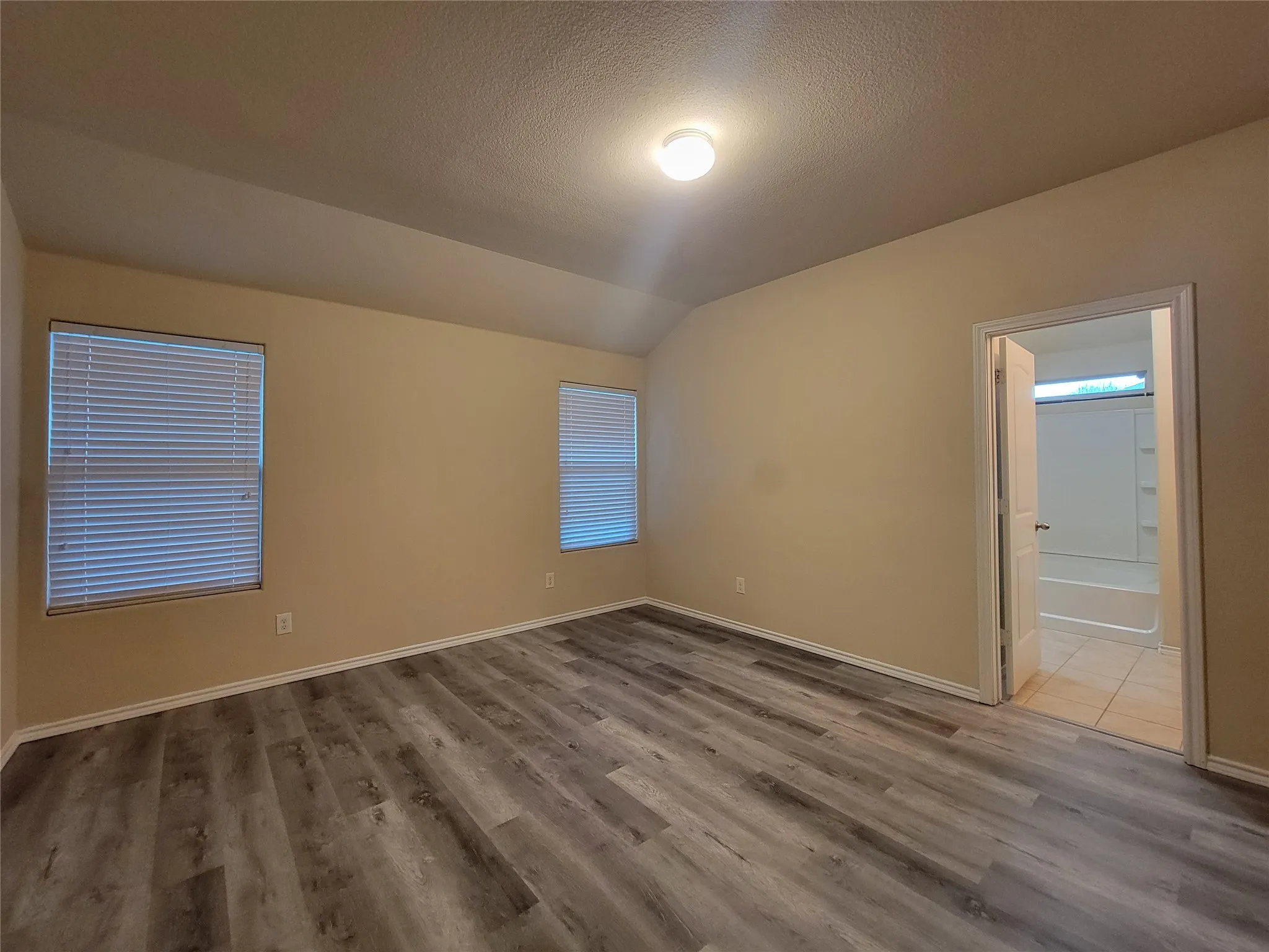 Vaulted ceiling with a flush-mount light fixture, two windows, wood-finish flooring, and a doorway opening to a bathroom with a tub