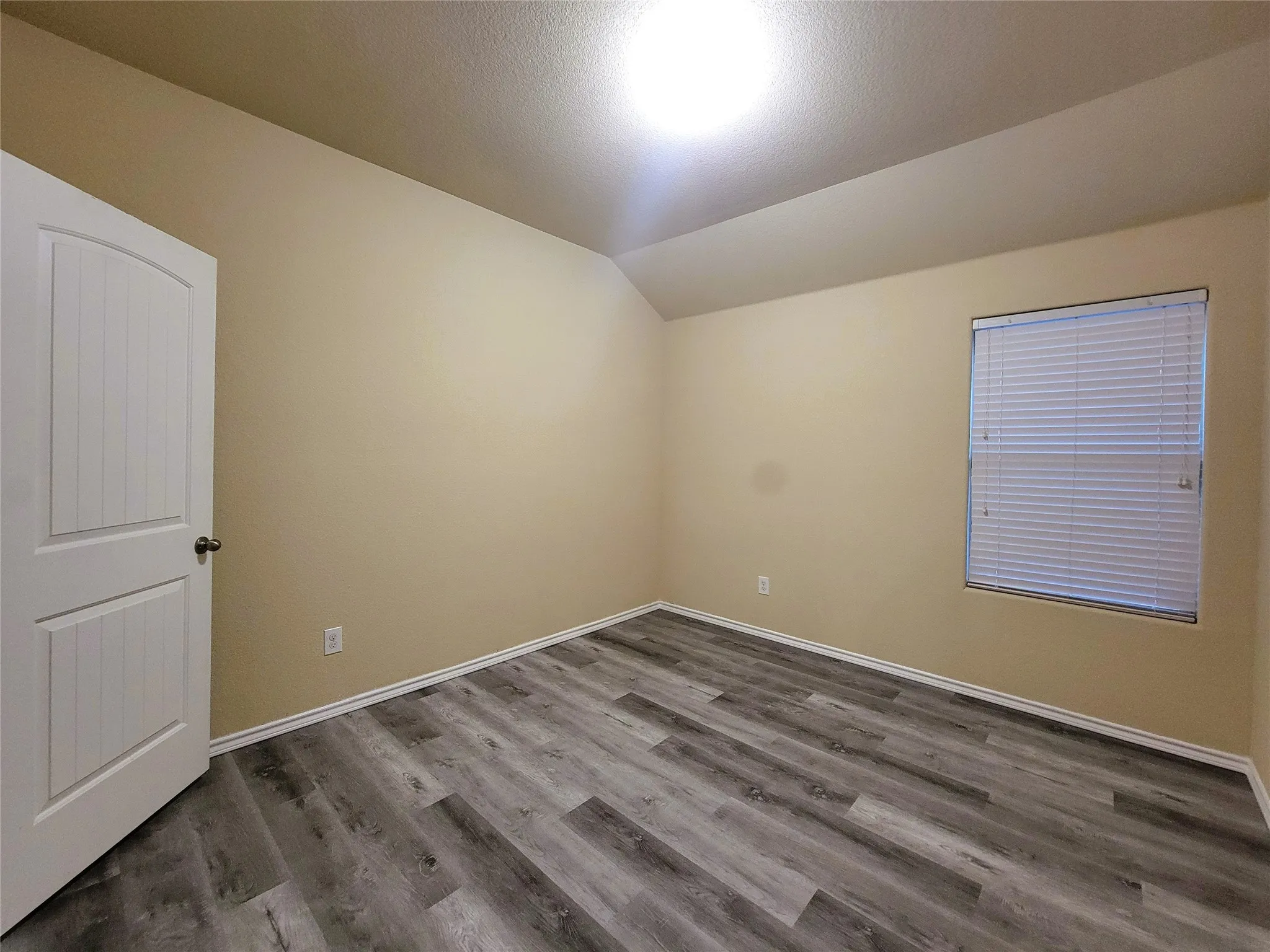 Wood-finish flooring with neutral wall tones and a white paneled door