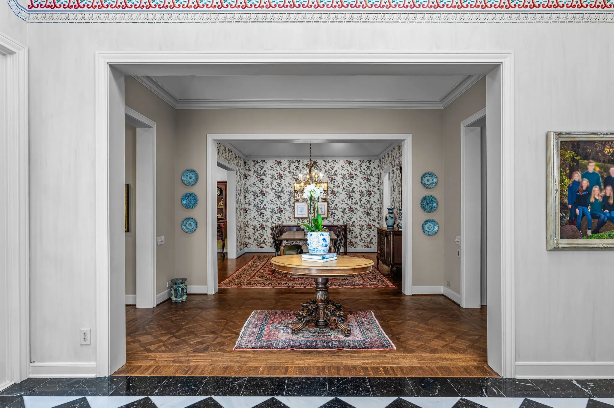Black and white tiled entry flooring