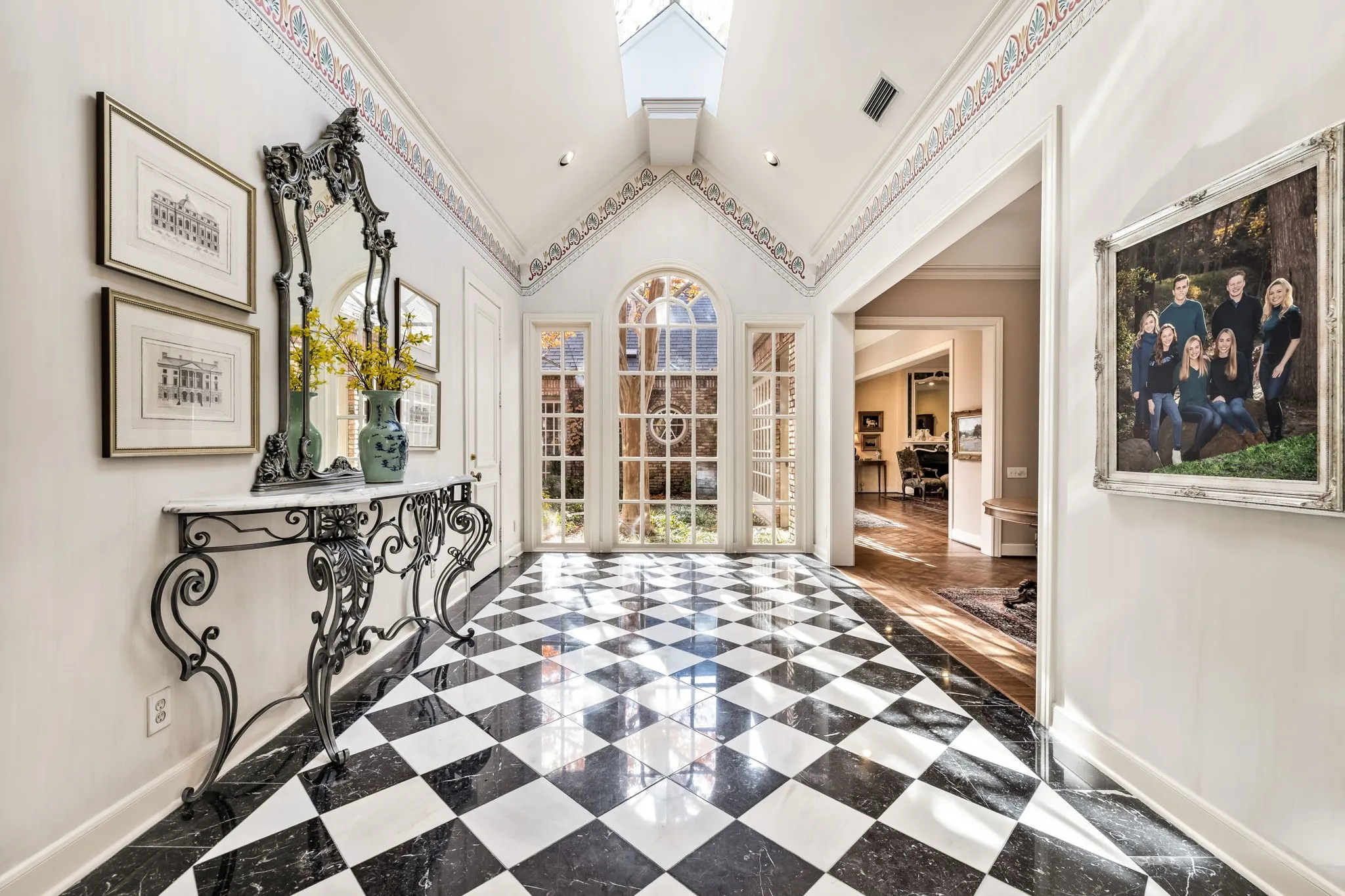 Black and white checkered tile flooring