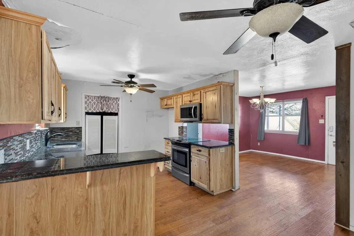 kitchen with view of front dining area