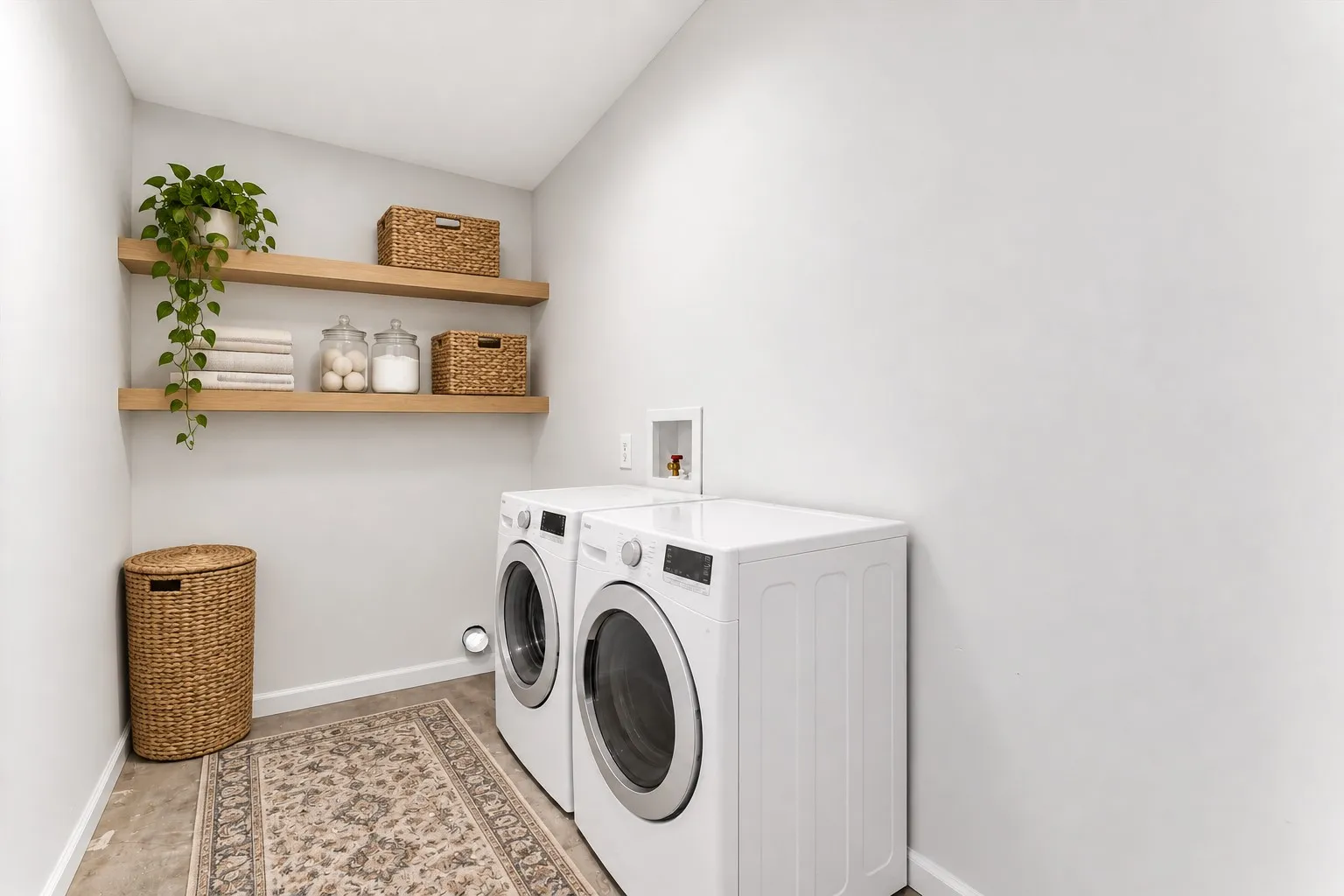 Wall-mounted open shelving for storage, virtually staged.