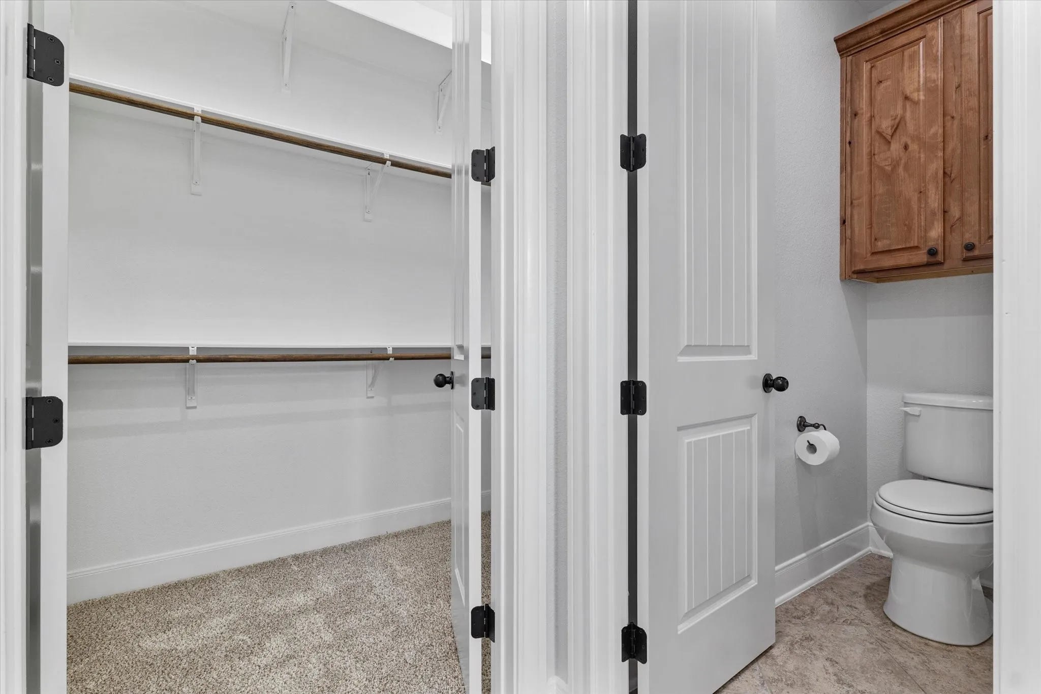 Walk-in closet with carpet flooring and shelving system