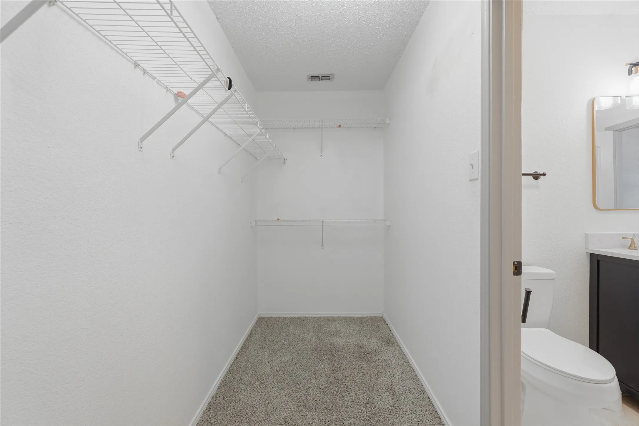 Carpeted closet space with wire shelving and hanging rods