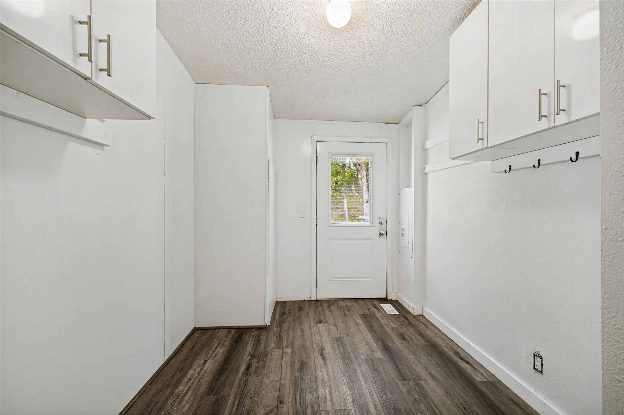 Large laundry room with cabinets and LVP flooring