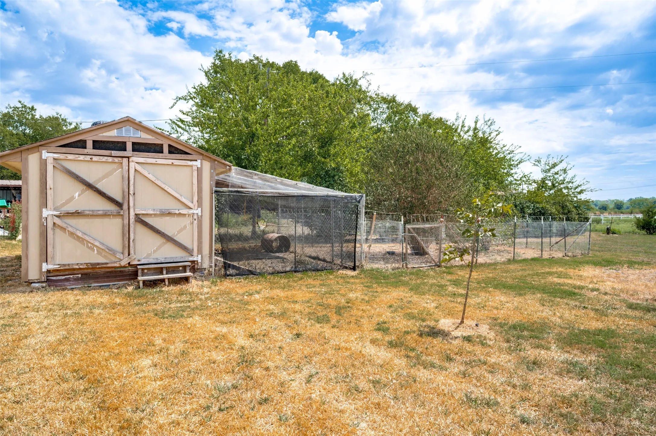 Large chicken coop with enclosure plus a chicken run or yard.