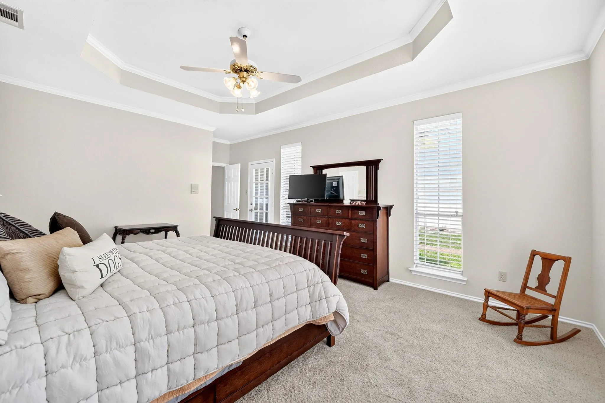 Tray ceiling with crown molding, ceiling fan, carpet flooring, and tall window with blinds