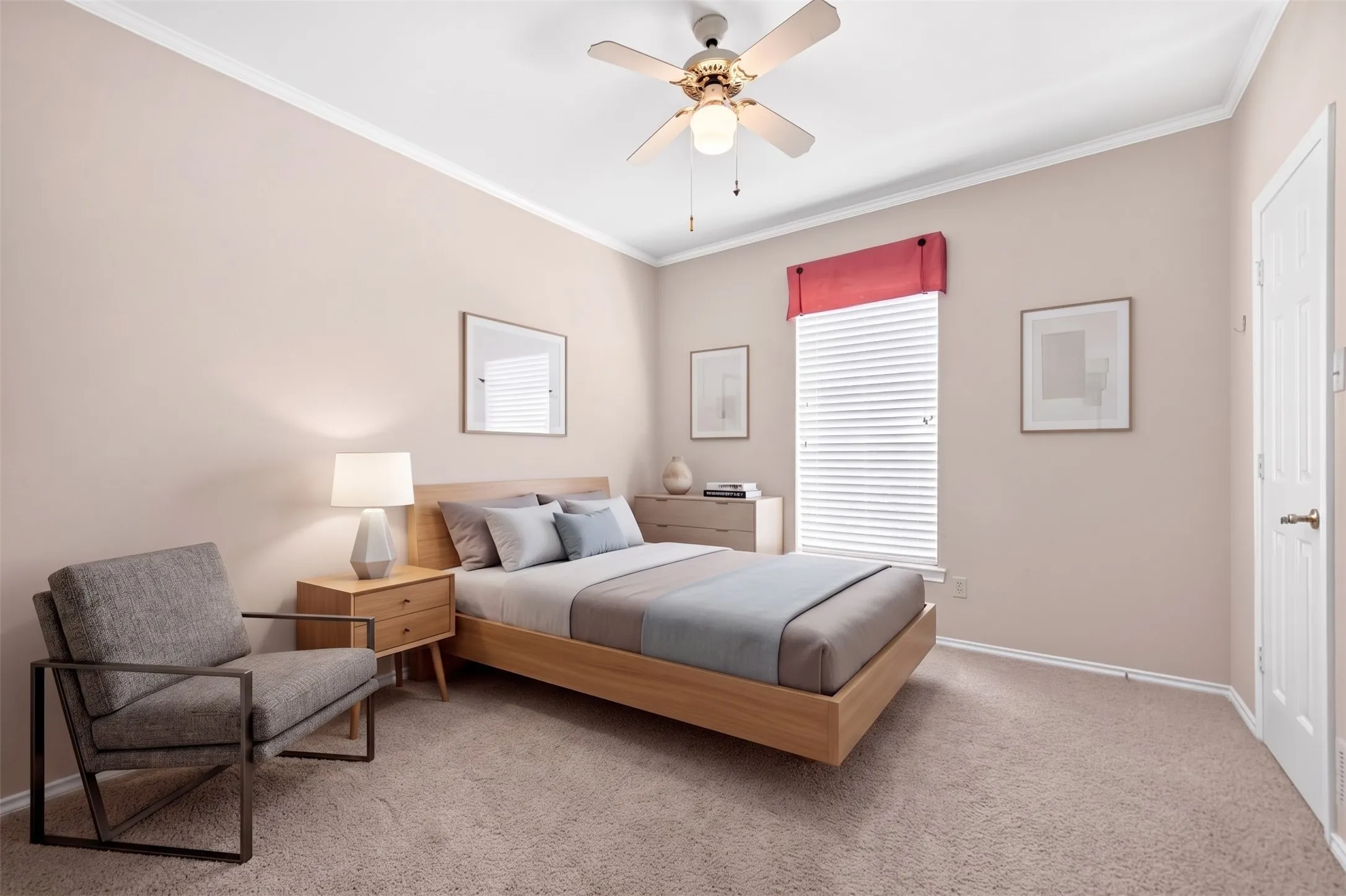 Recessed window with horizontal blinds and a decorative valance