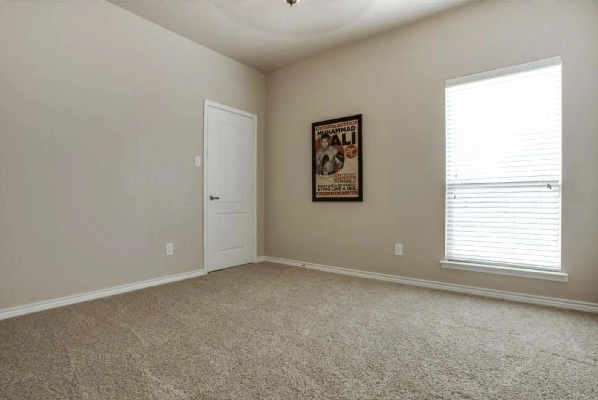 Neutral tone wall paint, carpet flooring, white interior door, window with blinds