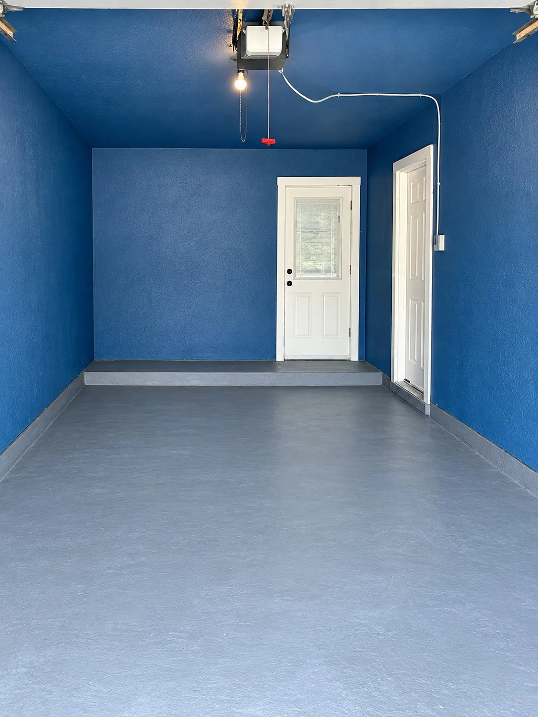 Garage featuring a painted concrete floor, two white entry doors, and overhead lighting