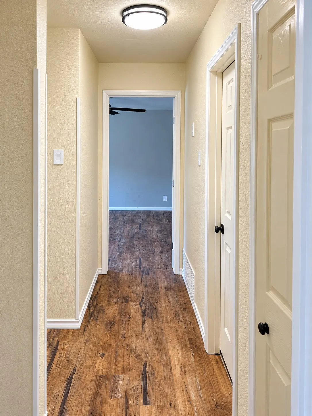 Wood-finish flooring extending through the hallway, white trim, and a modern ceiling light fixture