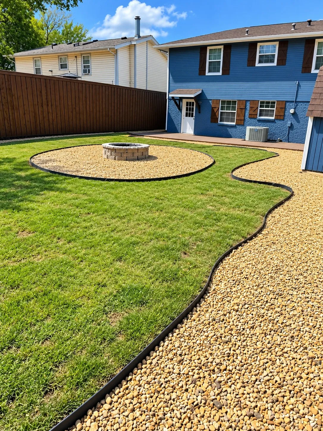 Manicured lawn with decorative gravel pathways and a stone-surround fire pit