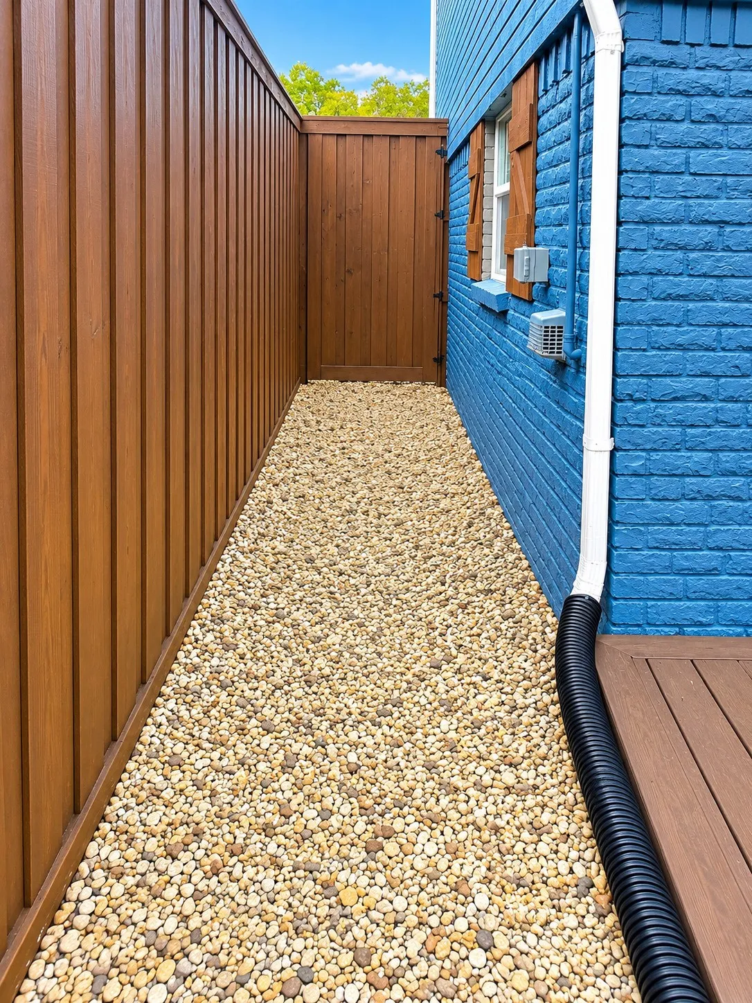 Pebble pathway leading to a privacy fence and gate, alongside a vibrant blue brick exterior with wood shutters