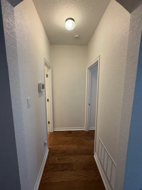 Wood-finish flooring throughout the hallway, bright overhead lighting, and white trim
