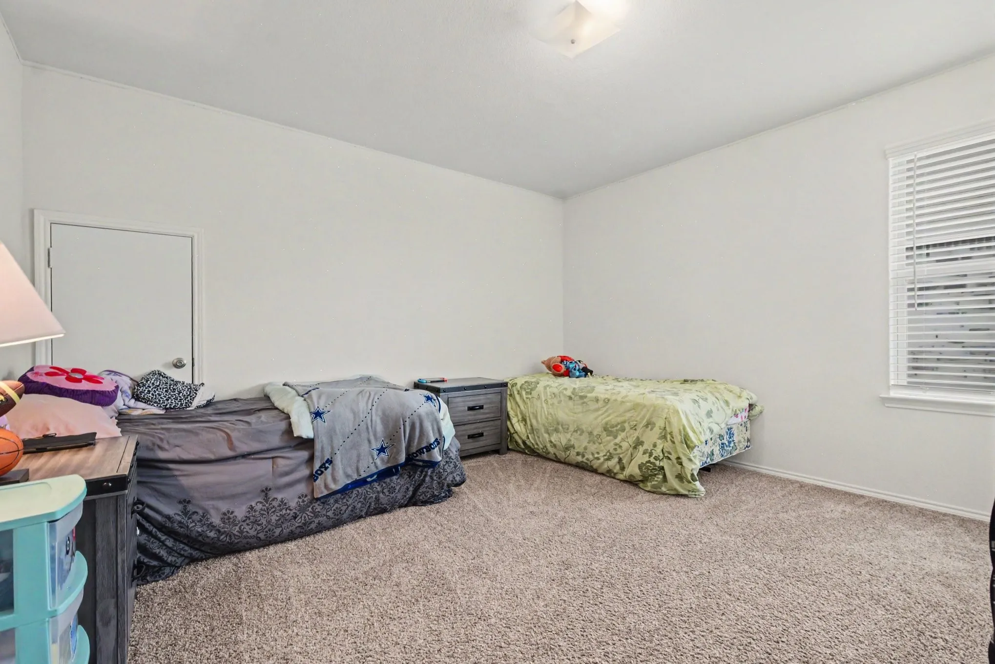 Carpeted room with white walls, a single window featuring blinds, and a flush-mount ceiling light fixture