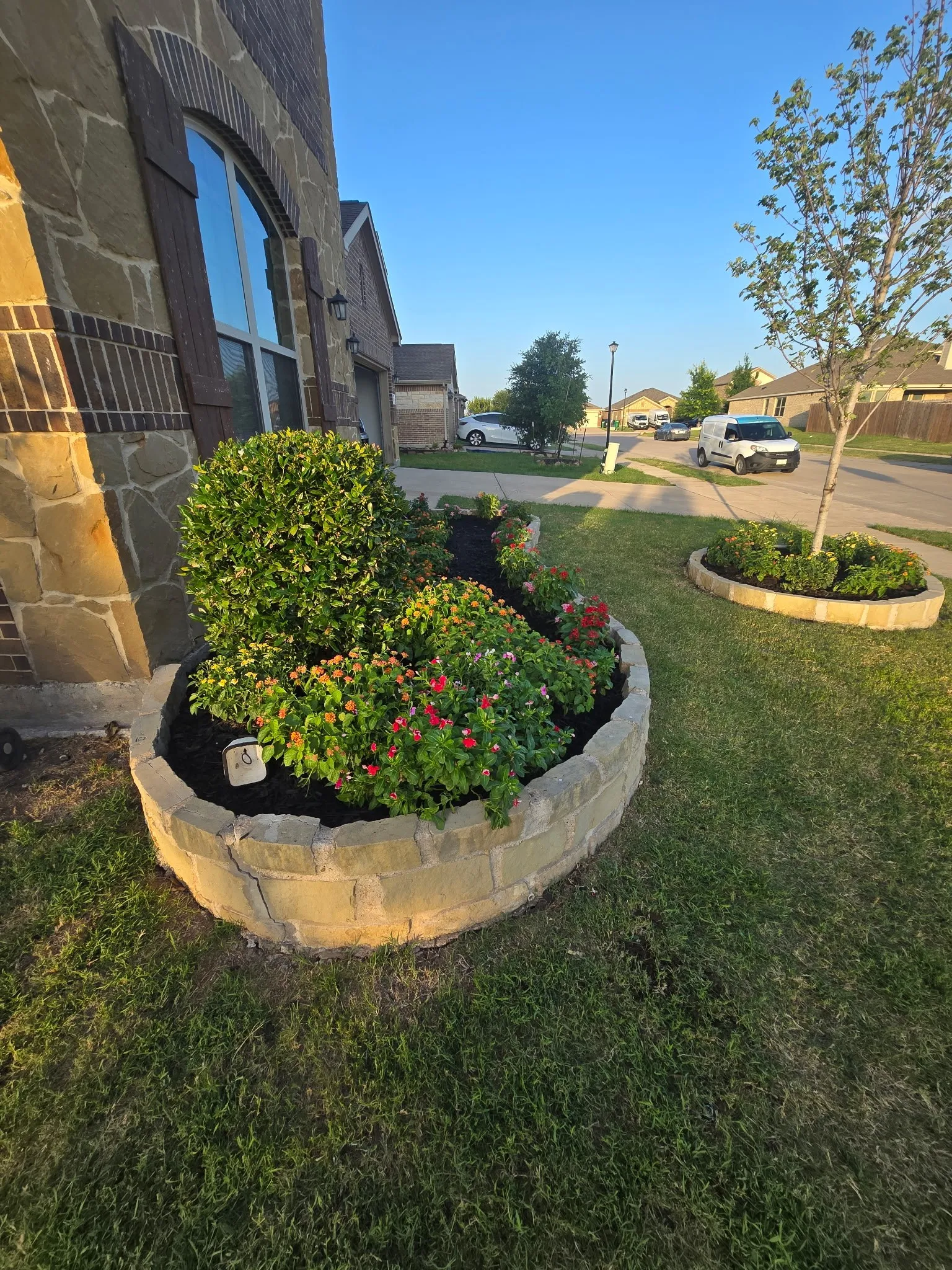 Front yard landscaping featuring stone-edged planters with varied foliage and flowering plants