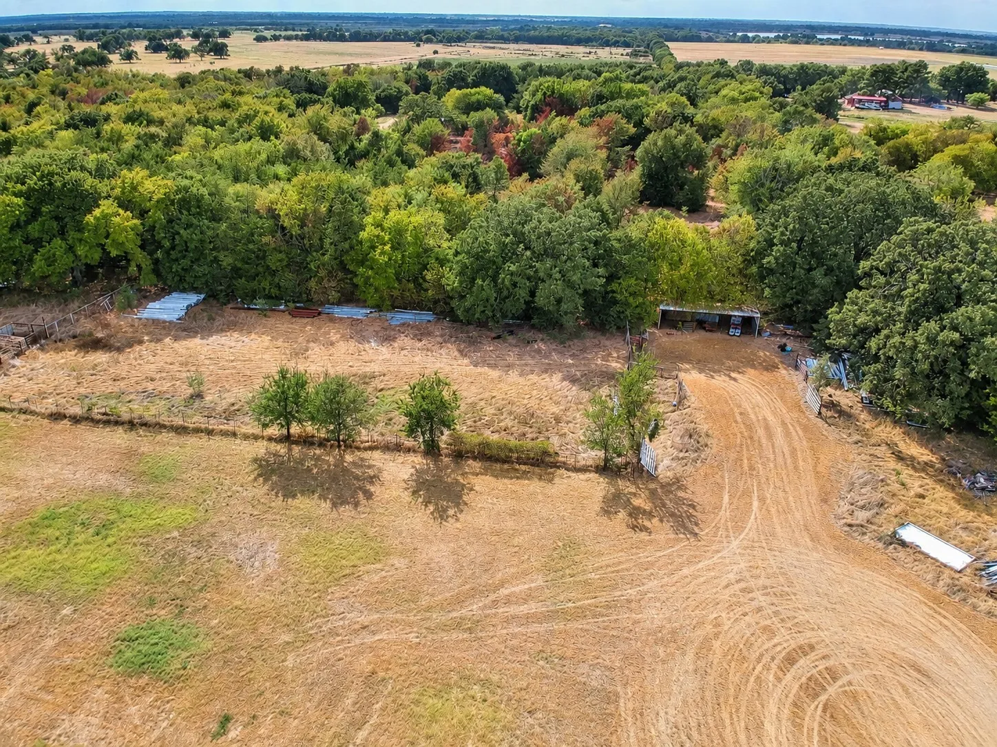 Expansive land featuring mature trees and a dirt access road