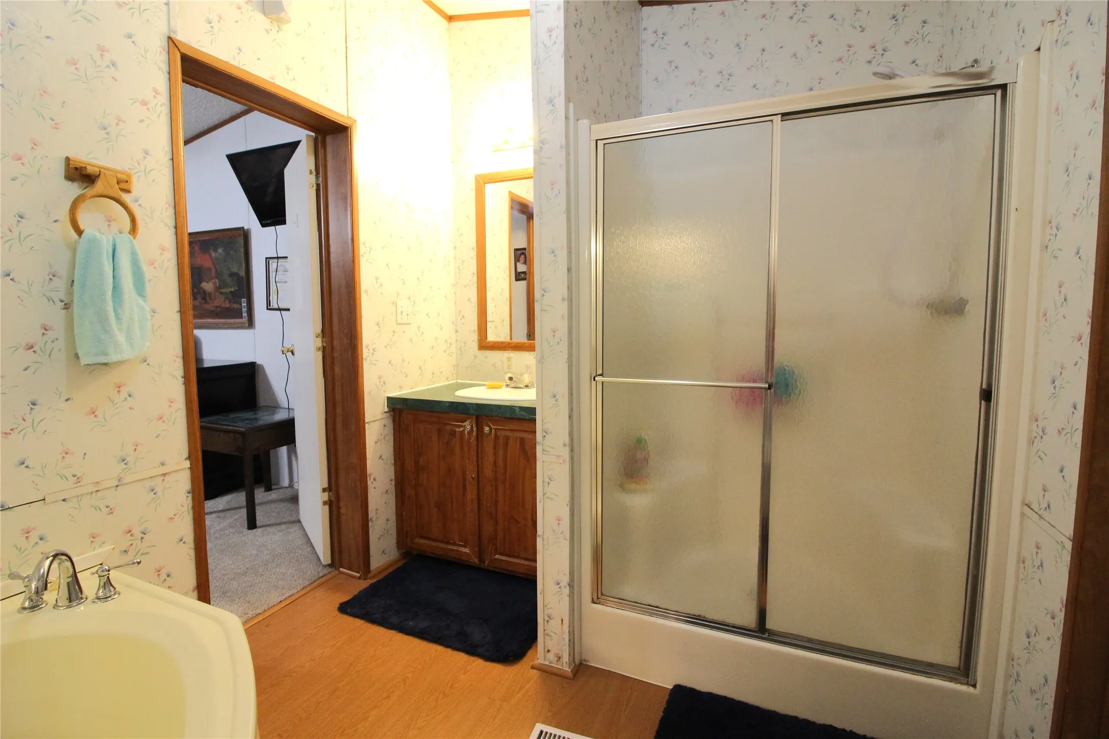 Bathroom featuring a stand-up shower with frosted sliding glass doors, a vanity with wood-finish cabinetry, a white basin sink, and wood-finish flooring