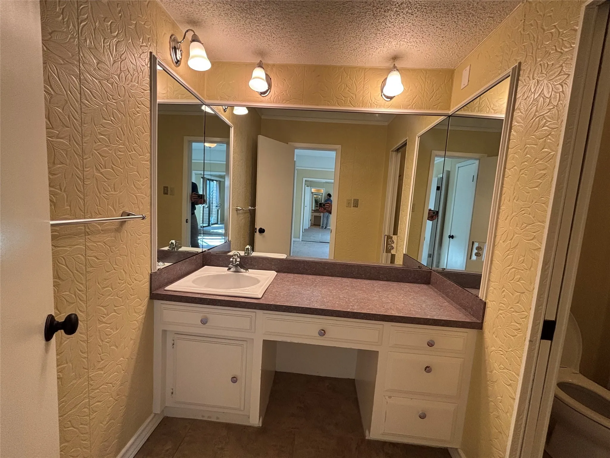 Built-in vanity with integrated sink, expansive countertop, and under-counter storage