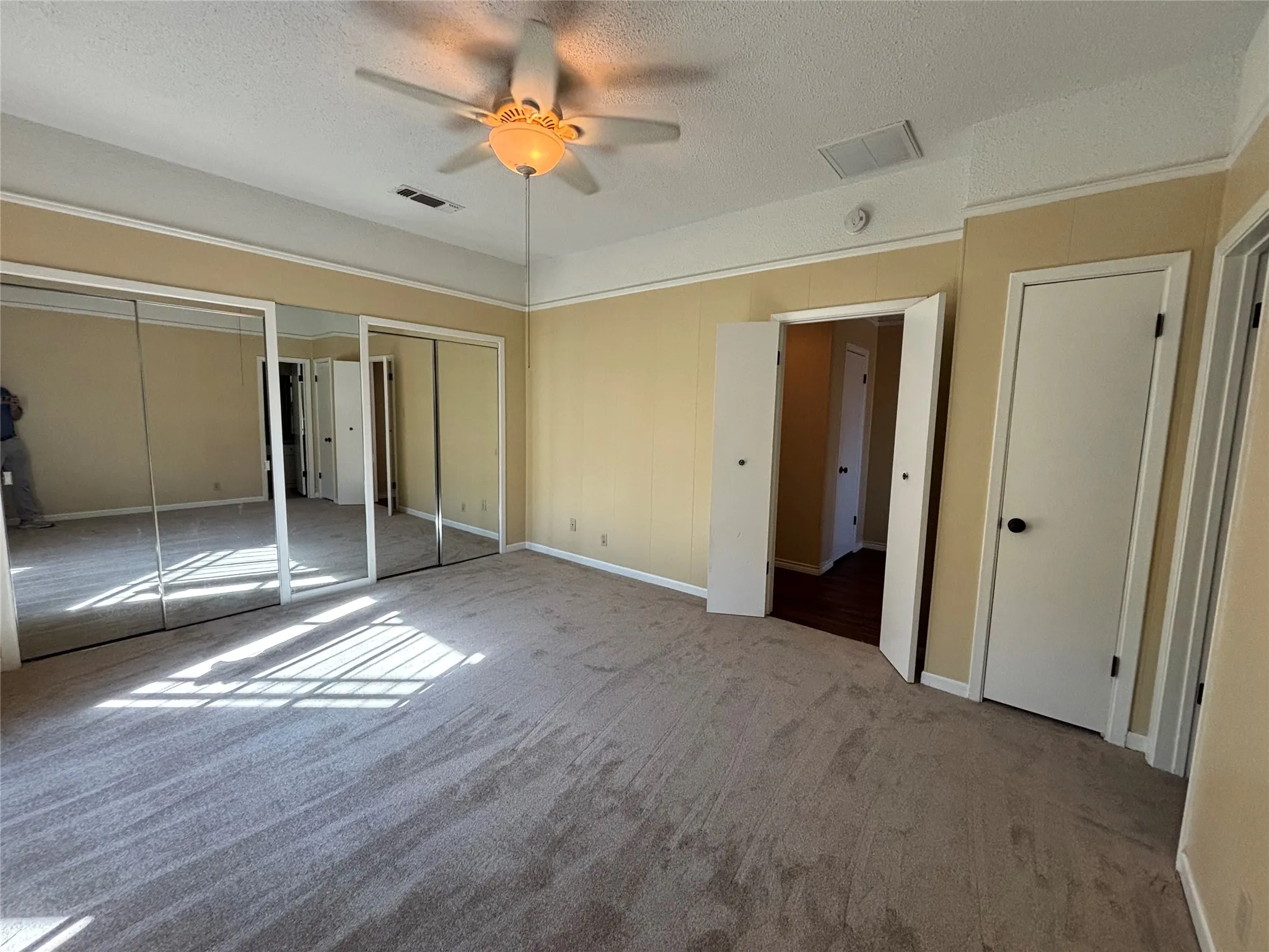 Full-height mirrored closet doors, a ceiling fan with integrated lighting, two white panel doors, and neutral carpet flooring