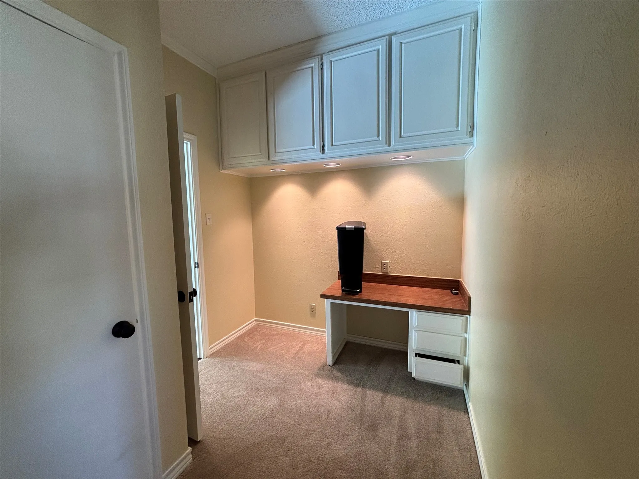 Built-in desk with wood-finish countertop, under-cabinet lighting, and integrated cabinetry